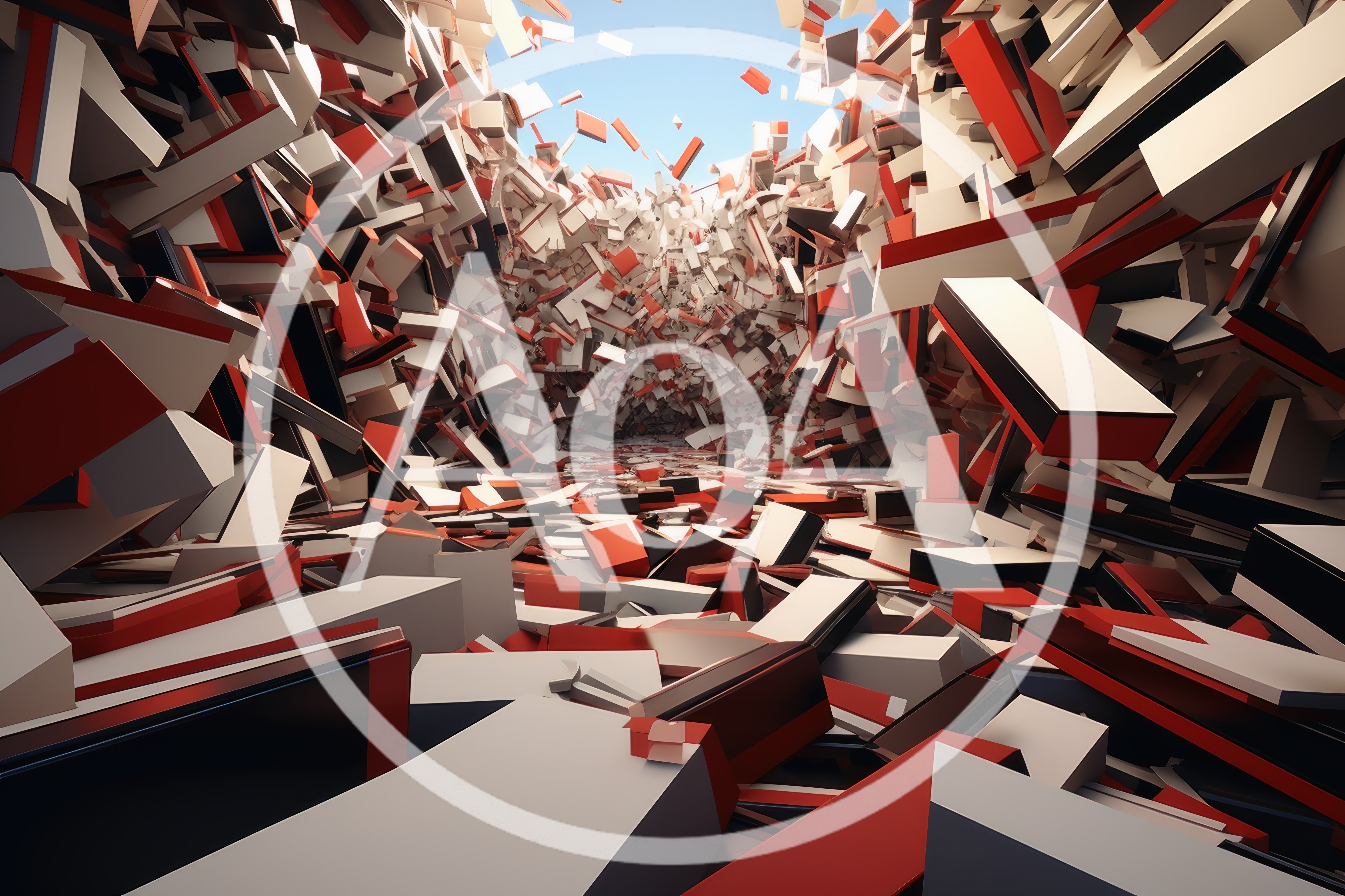 Abstract Geometric Explosion Of Red And White Blocks