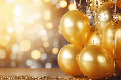Golden Balloons With Confetti On A Festive Background