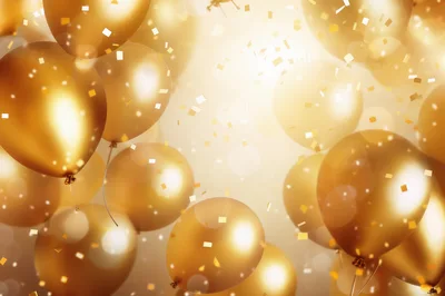 Golden Balloons With Falling Confetti Celebration Background