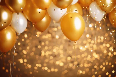 Festive Gold and White Balloons with Falling Confetti