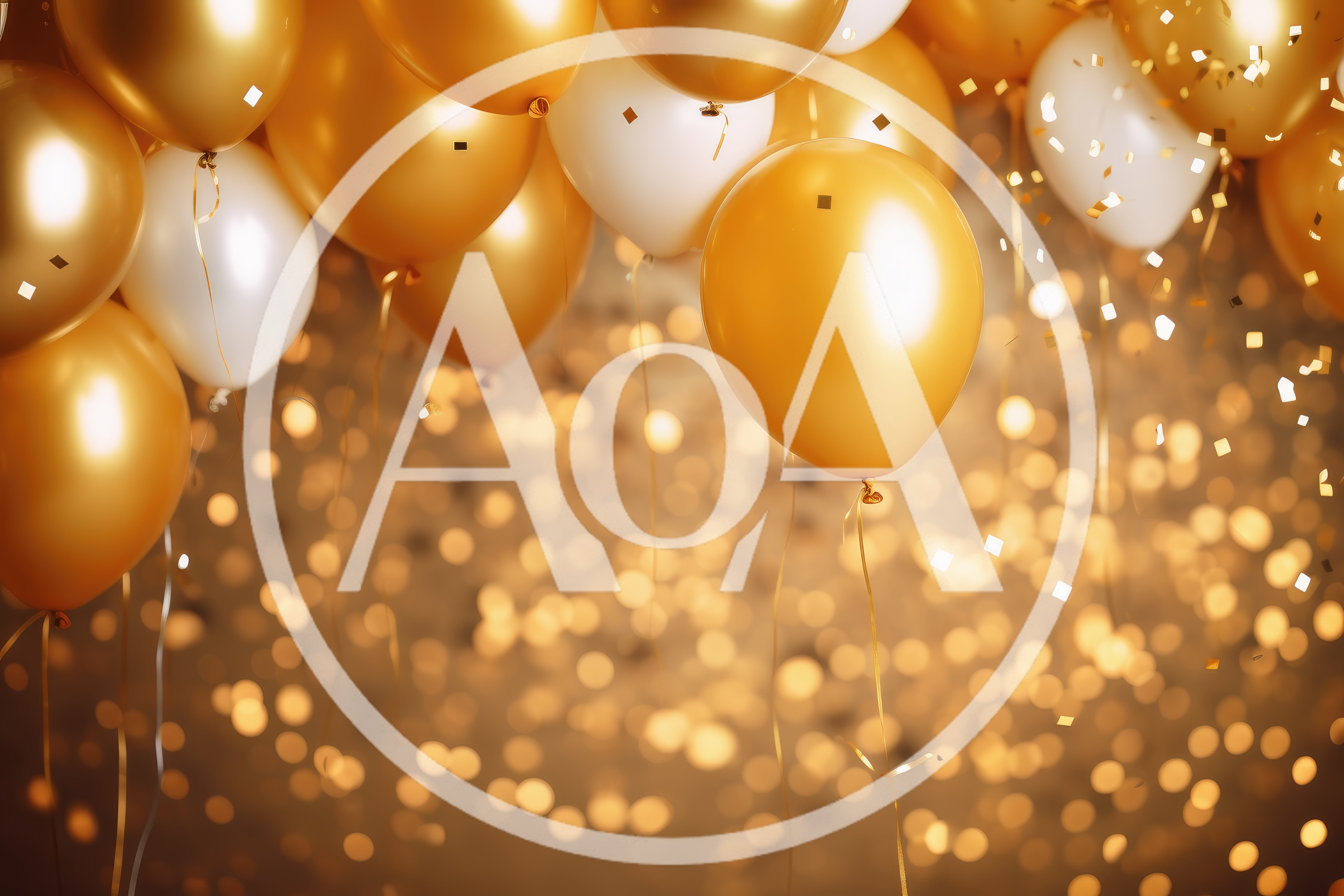 Festive Gold and White Balloons with Falling Confetti
