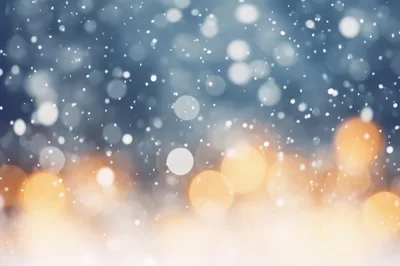 Abstract Winter Background With Golden Bokeh Lights And Snow