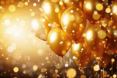 Golden Balloons Floating Against A Bokeh Background