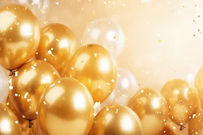 Golden Balloons With Falling Confetti Background