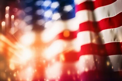 American Flag Waving With Bokeh Fireworks Background