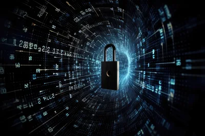Digital Padlock Floating Inside A Cyber Data Tunnel