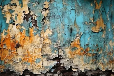 Weathered Wall With Peeling Blue And Orange Paint