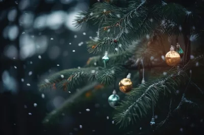 Christmas Ornaments Hanging on Snowy Pine Tree Branches