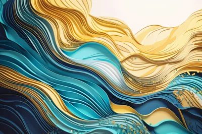 Abstract 3D Paper Cutout Waves In Blue And Gold