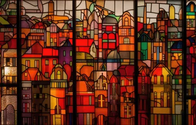 Stained Glass Window Featuring A Colorful Cityscape