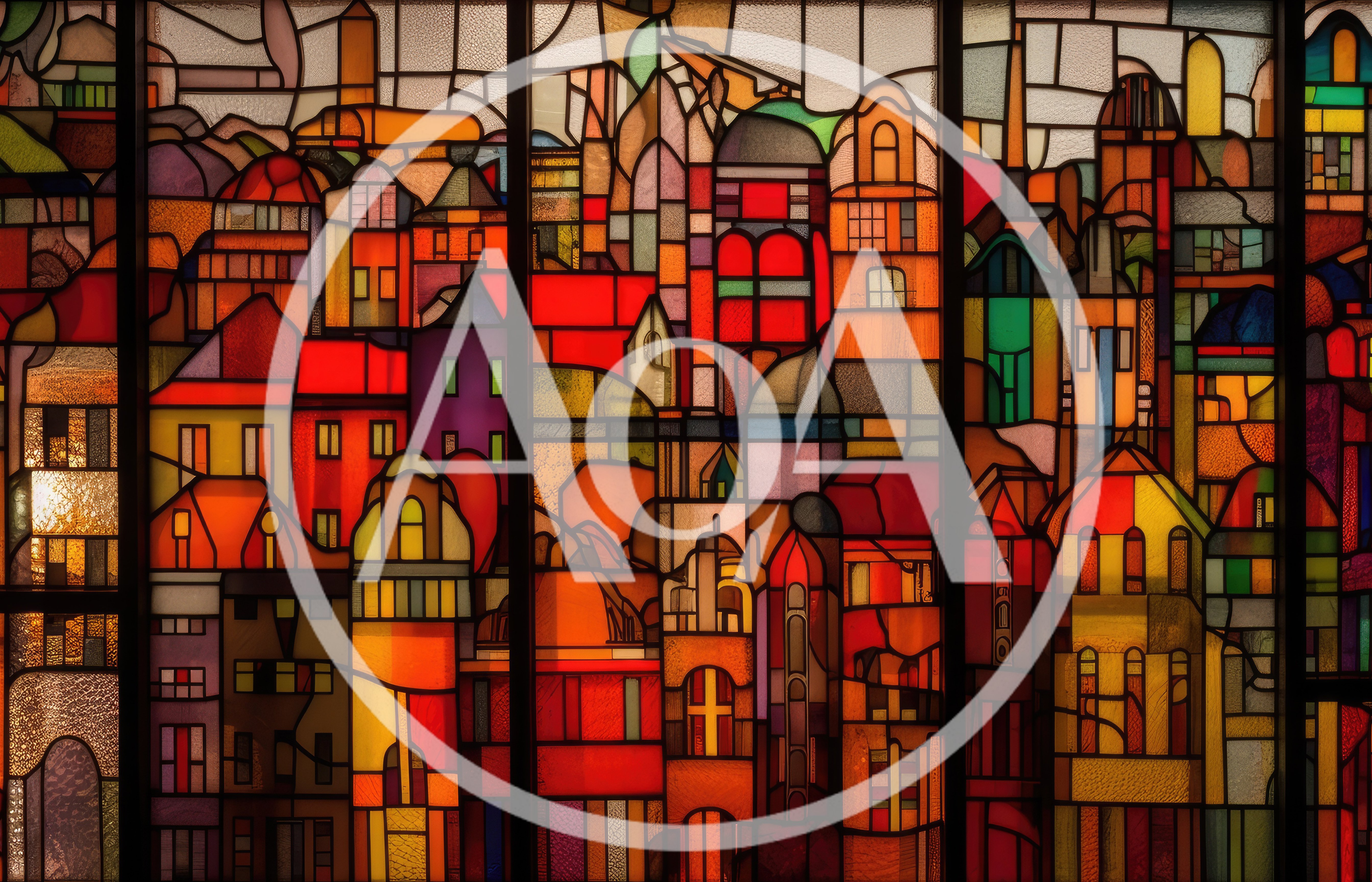 Stained Glass Window Featuring A Colorful Cityscape