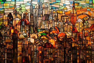 Stained Glass Window Depicting A Medieval European Cityscape