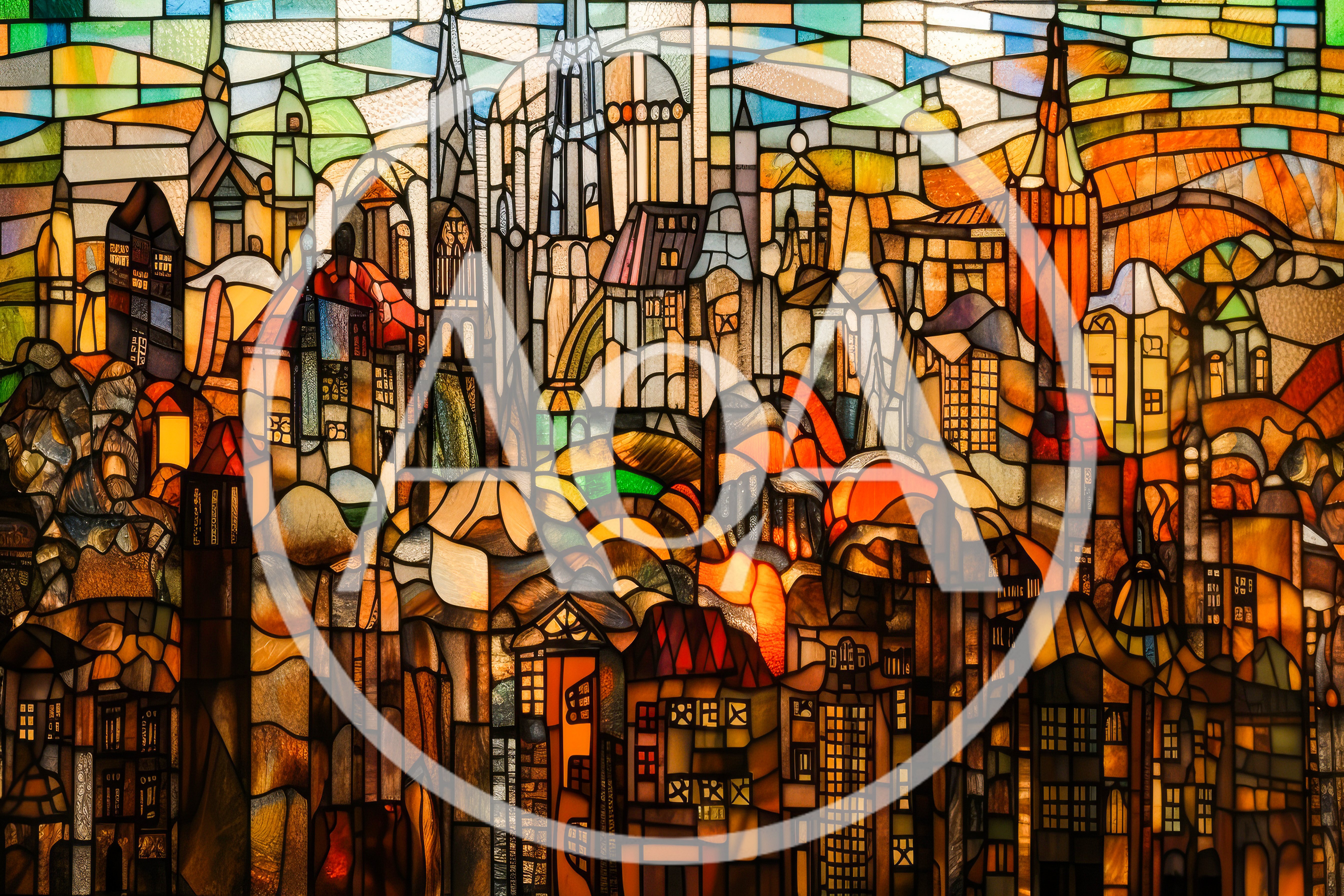 Stained Glass Window Depicting A Medieval European Cityscape