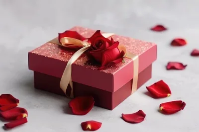 Red Gift Box With Rose And Petals