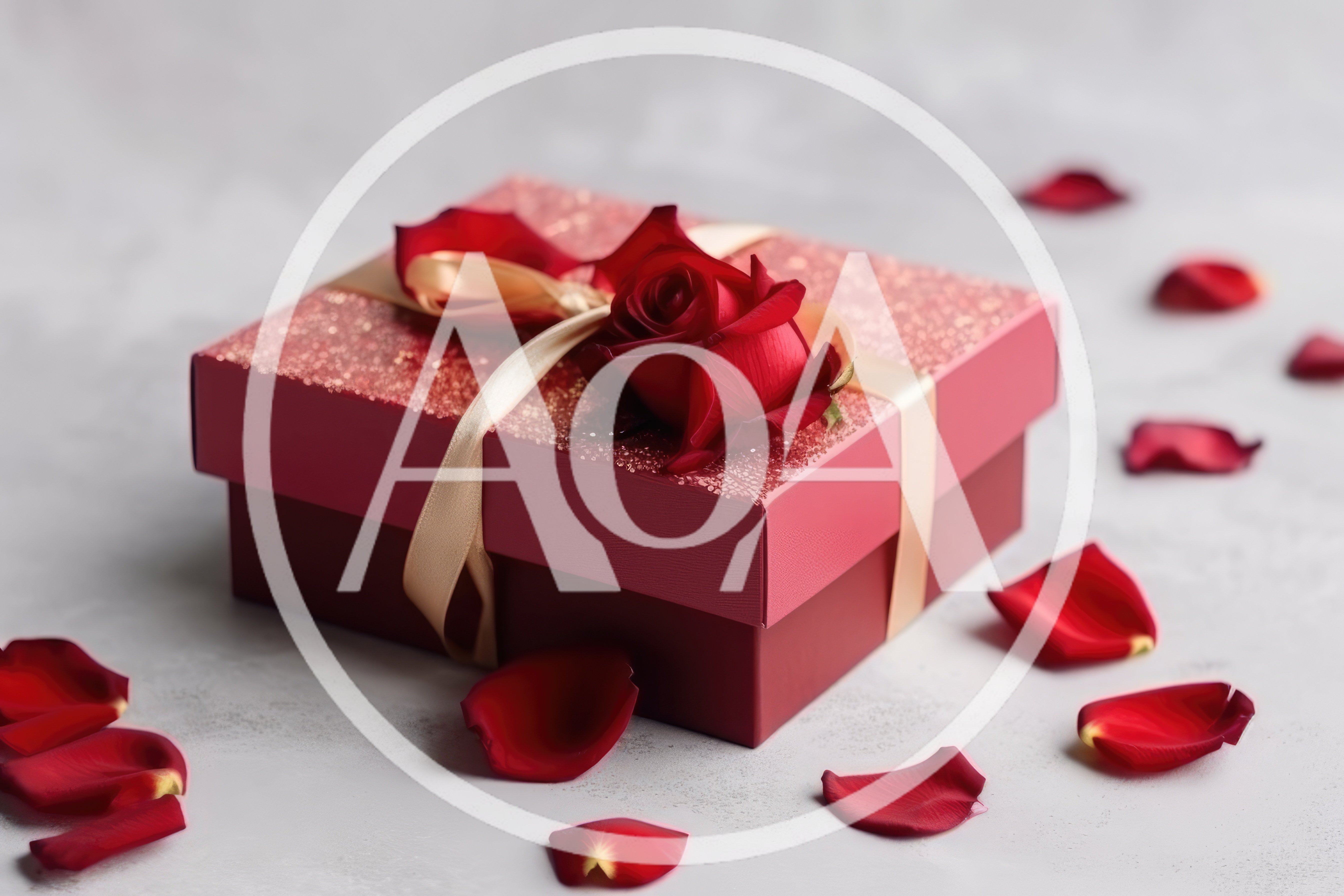 Red Gift Box With Rose And Petals