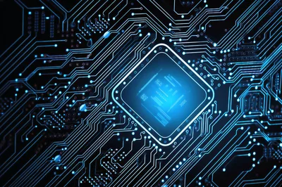 Glowing Blue Microchip On A Printed Circuit Board