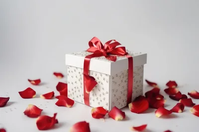 White Gift Box With Red Ribbon And Rose Petals