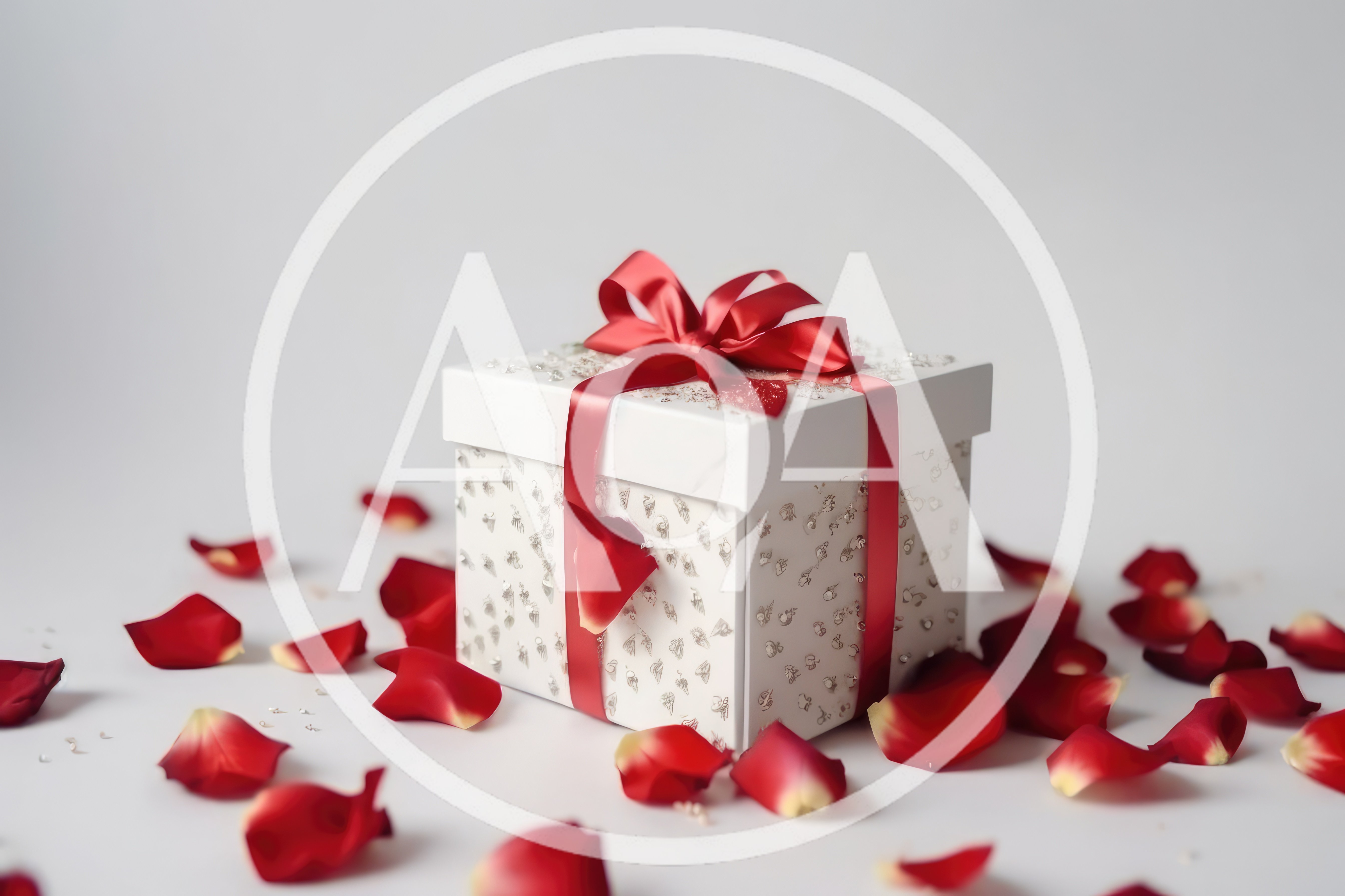White Gift Box With Red Ribbon And Rose Petals