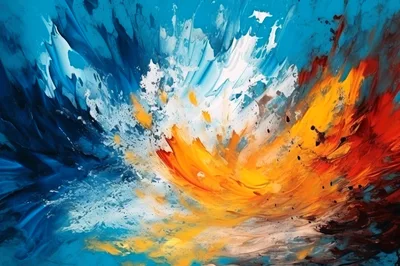 Abstract Oil Painting With Vibrant Blue And Orange Swirls
