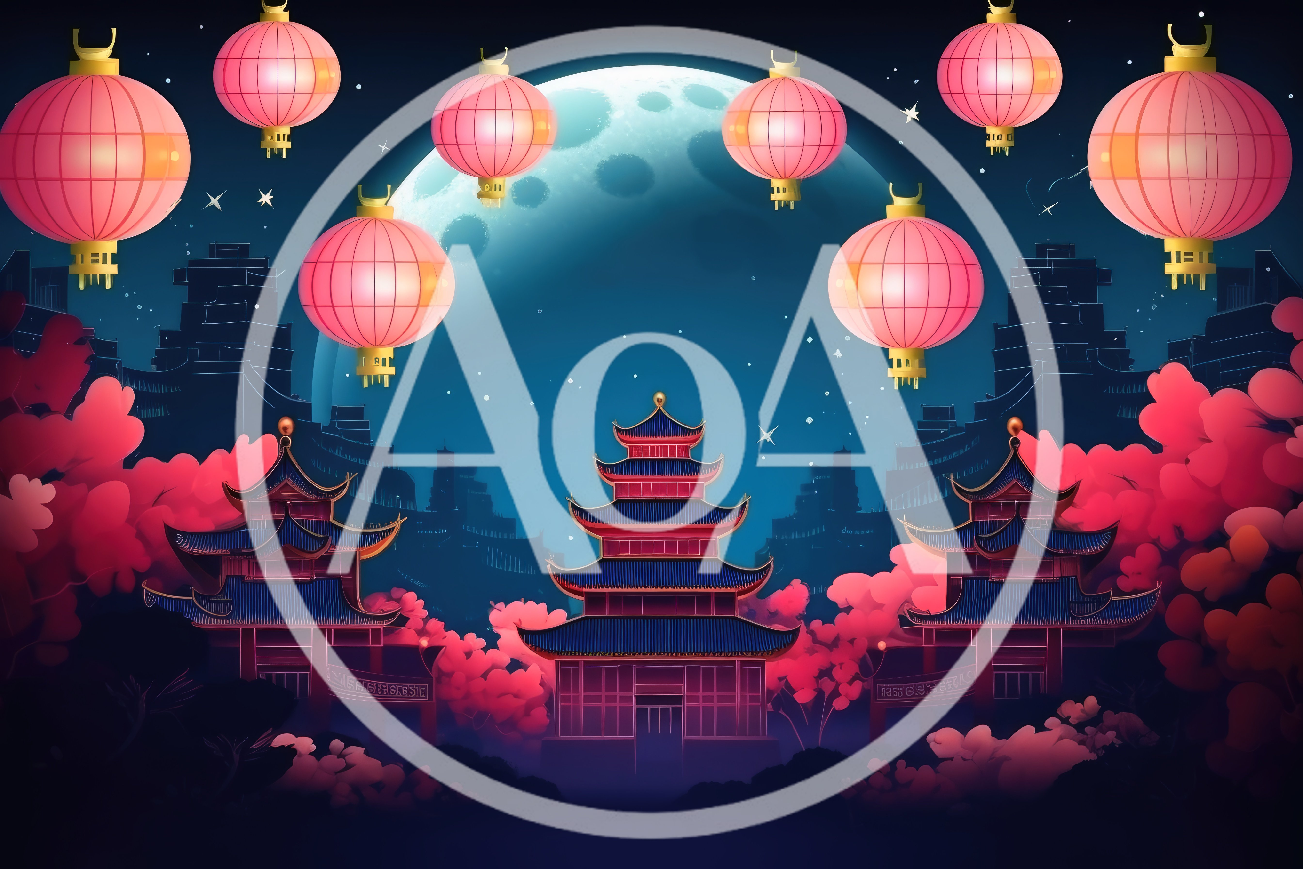 Traditional Chinese Pagodas Under Full Moon With Lanterns