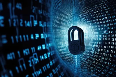 Digital Padlock Floating Inside A Data Tunnel