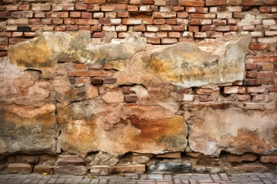 Weathered Old Brick Wall With Crumbling Plaster