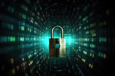 Digital Padlock Floating Inside A Binary Data Tunnel