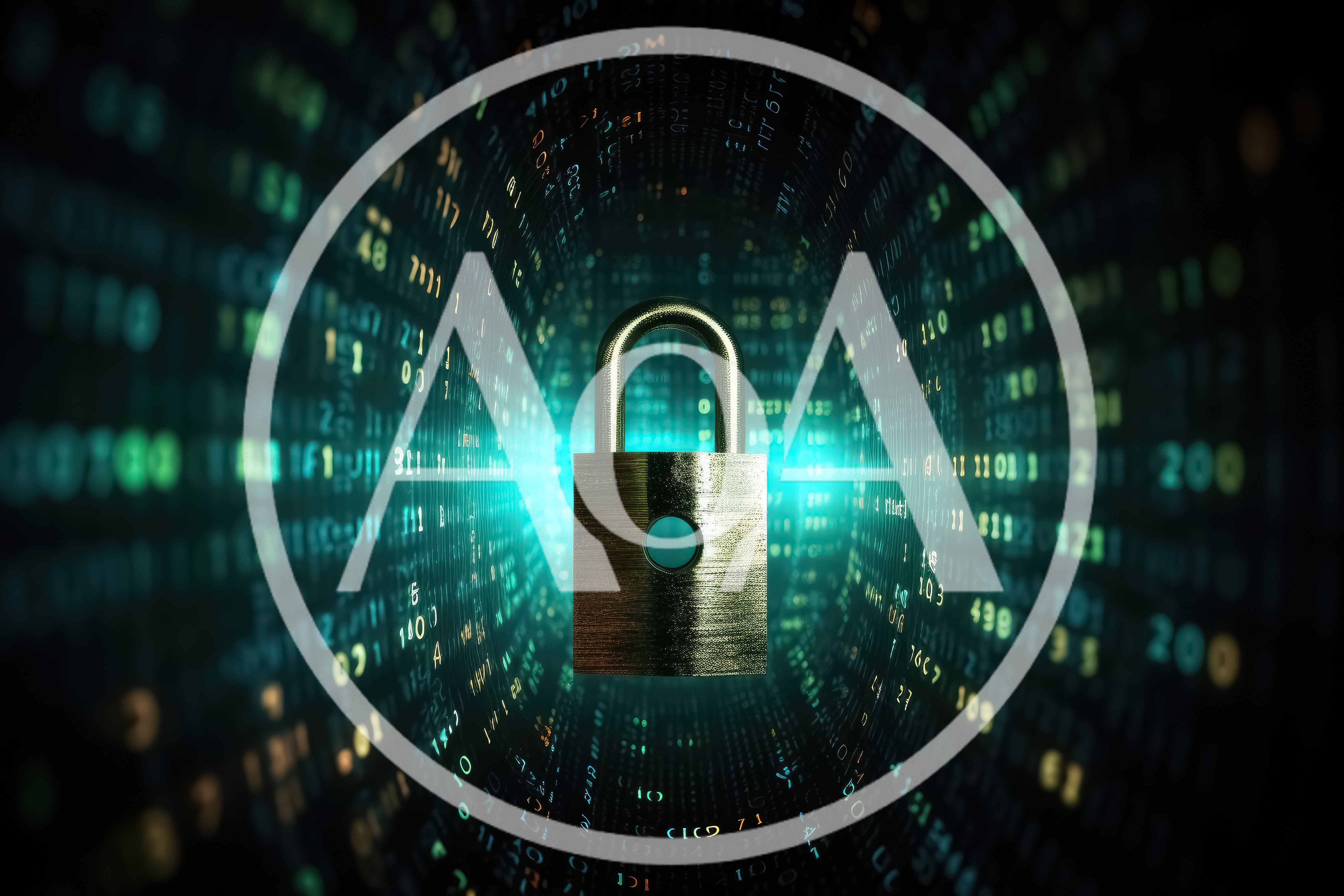 Digital Padlock Floating Inside A Binary Data Tunnel