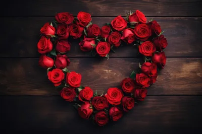 Heart Shape Arrangement Of Red Roses On Wooden Background