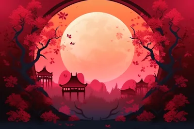 Red Oriental Landscape With Pagodas And Full Moon