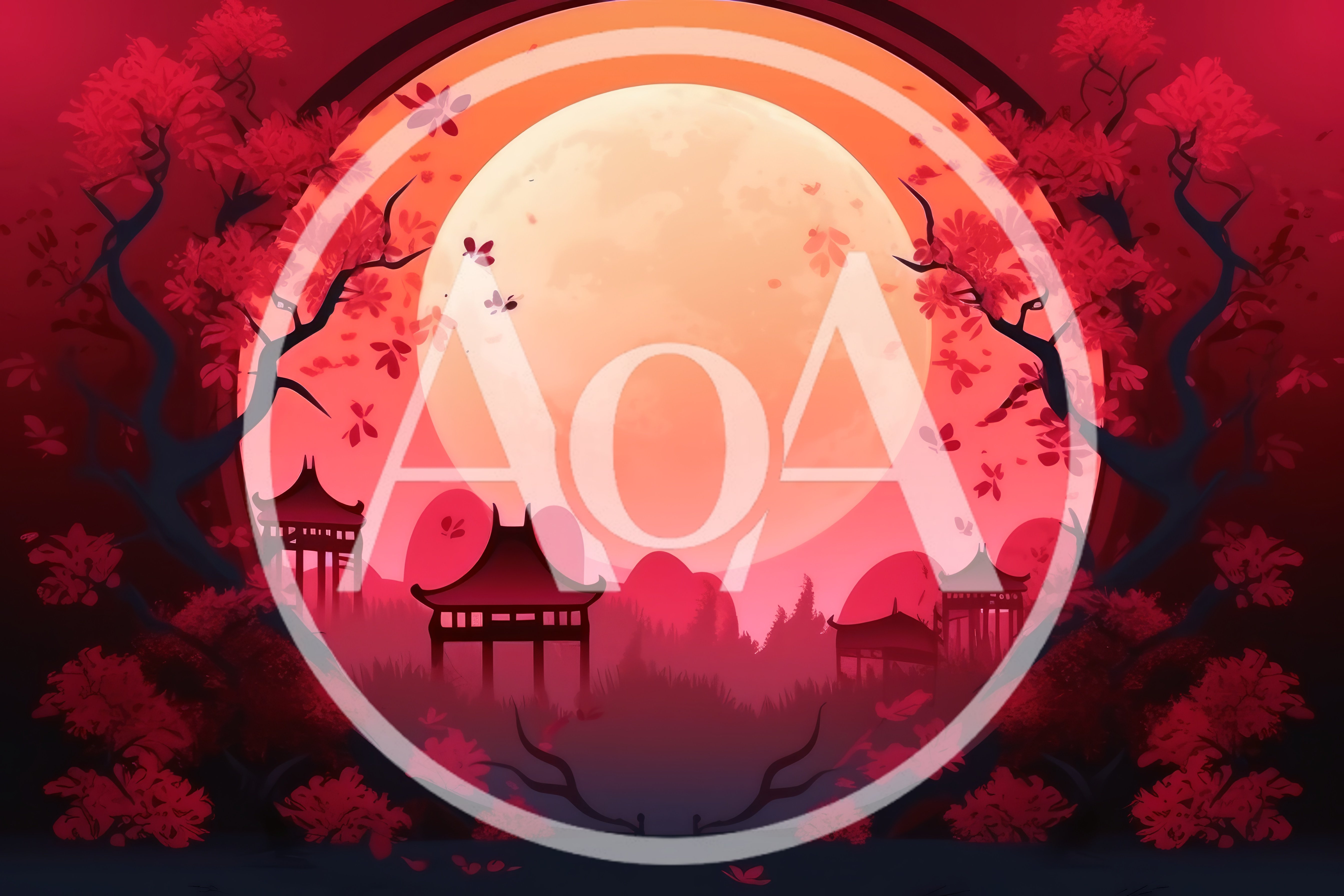 Red Oriental Landscape With Pagodas And Full Moon