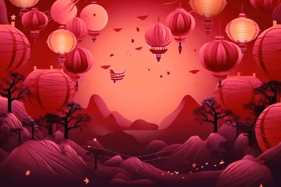 Red Chinese Lanterns Floating Over Mountain Landscape