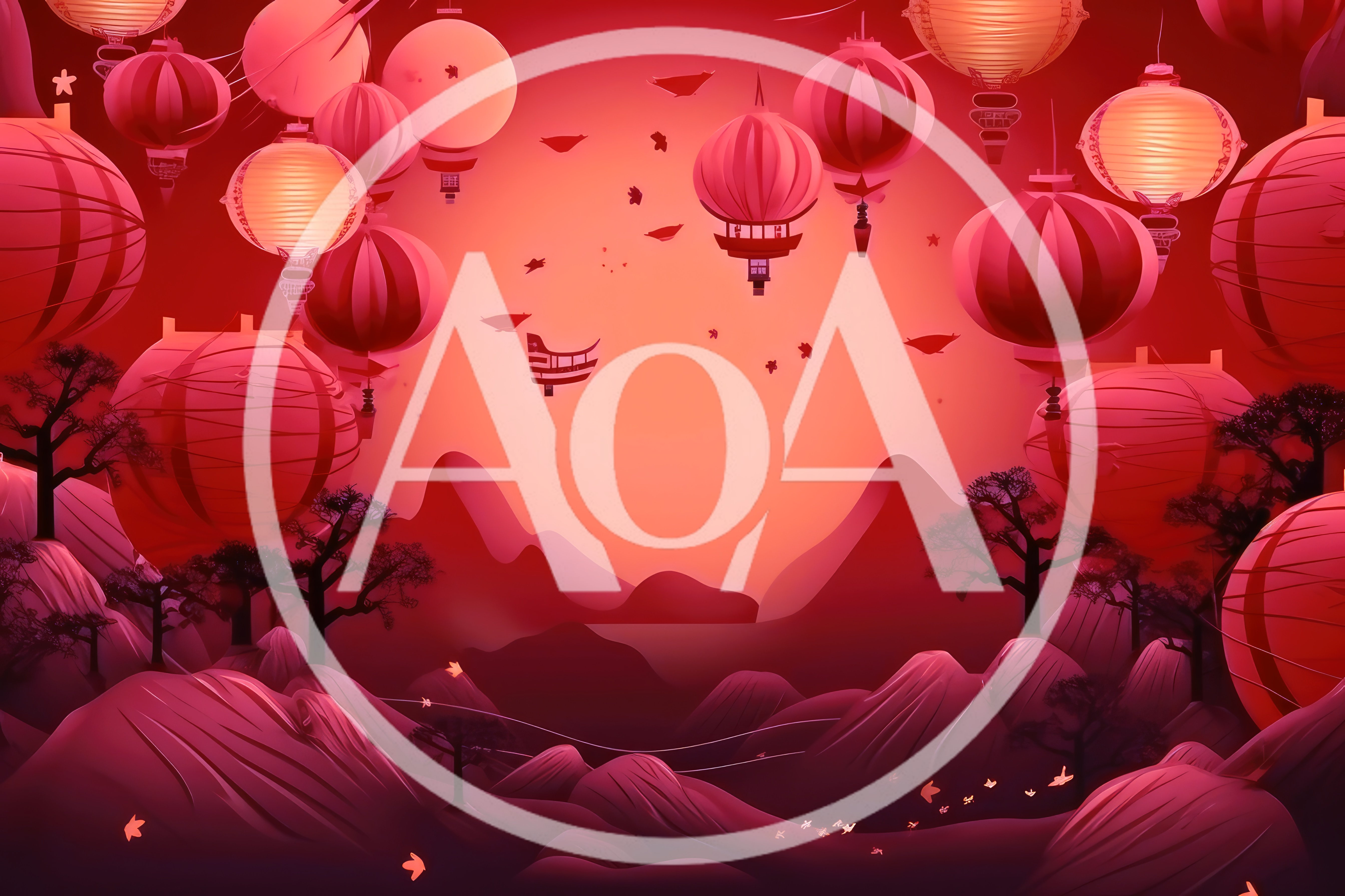 Red Chinese Lanterns Floating Over Mountain Landscape