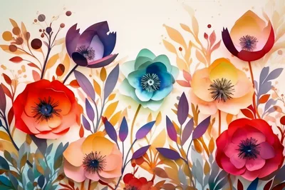 Paper Cutout Floral Illustration With Vibrant Watercolor Flowers
