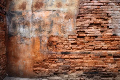 Weathered Brick Wall With Peeling Plaster Texture
