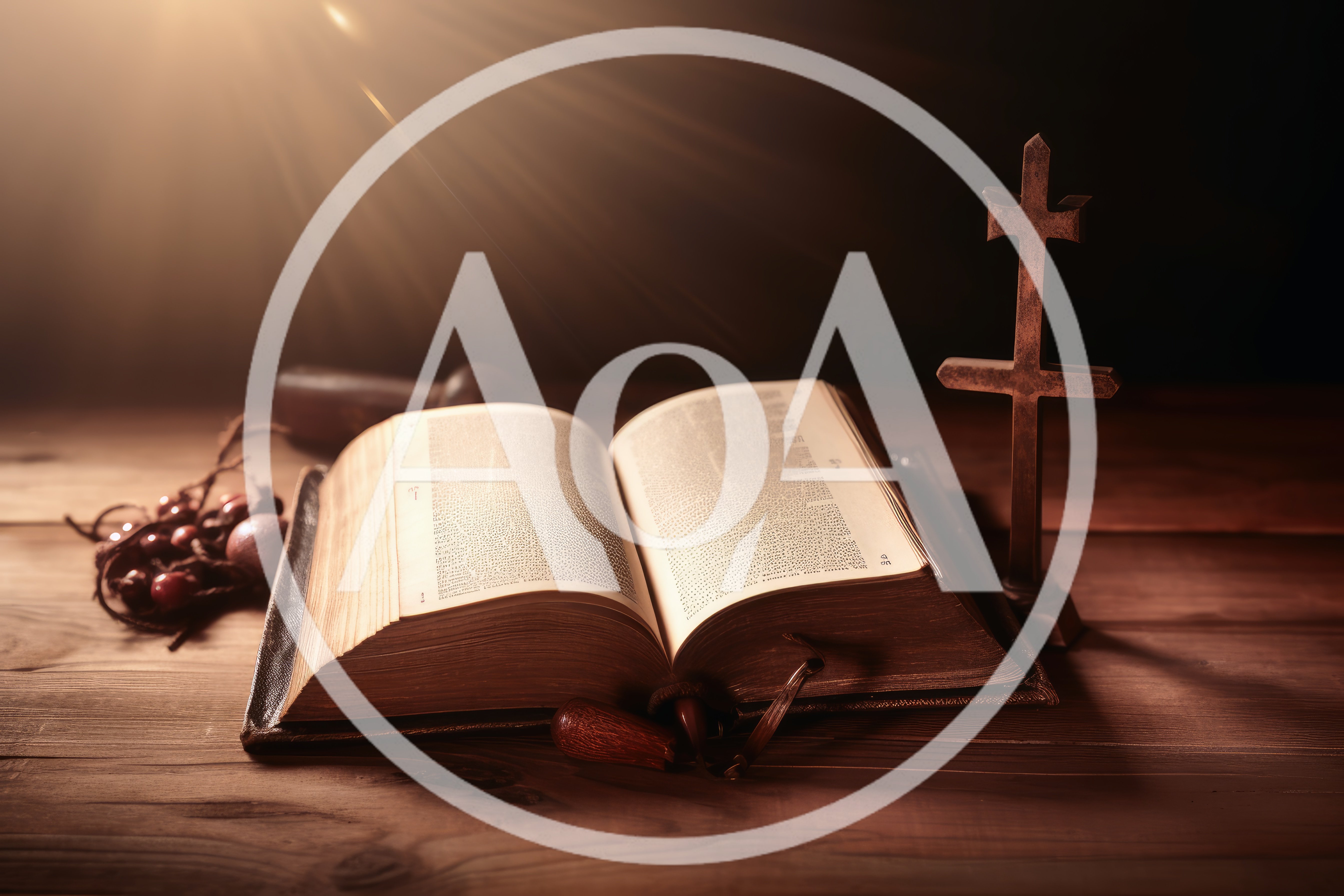 Open Holy Bible With Cross On Wooden Table