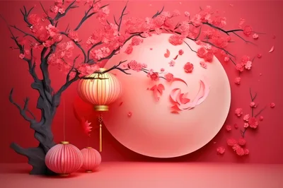 Chinese New Year Paper Cutout Tree With Lanterns