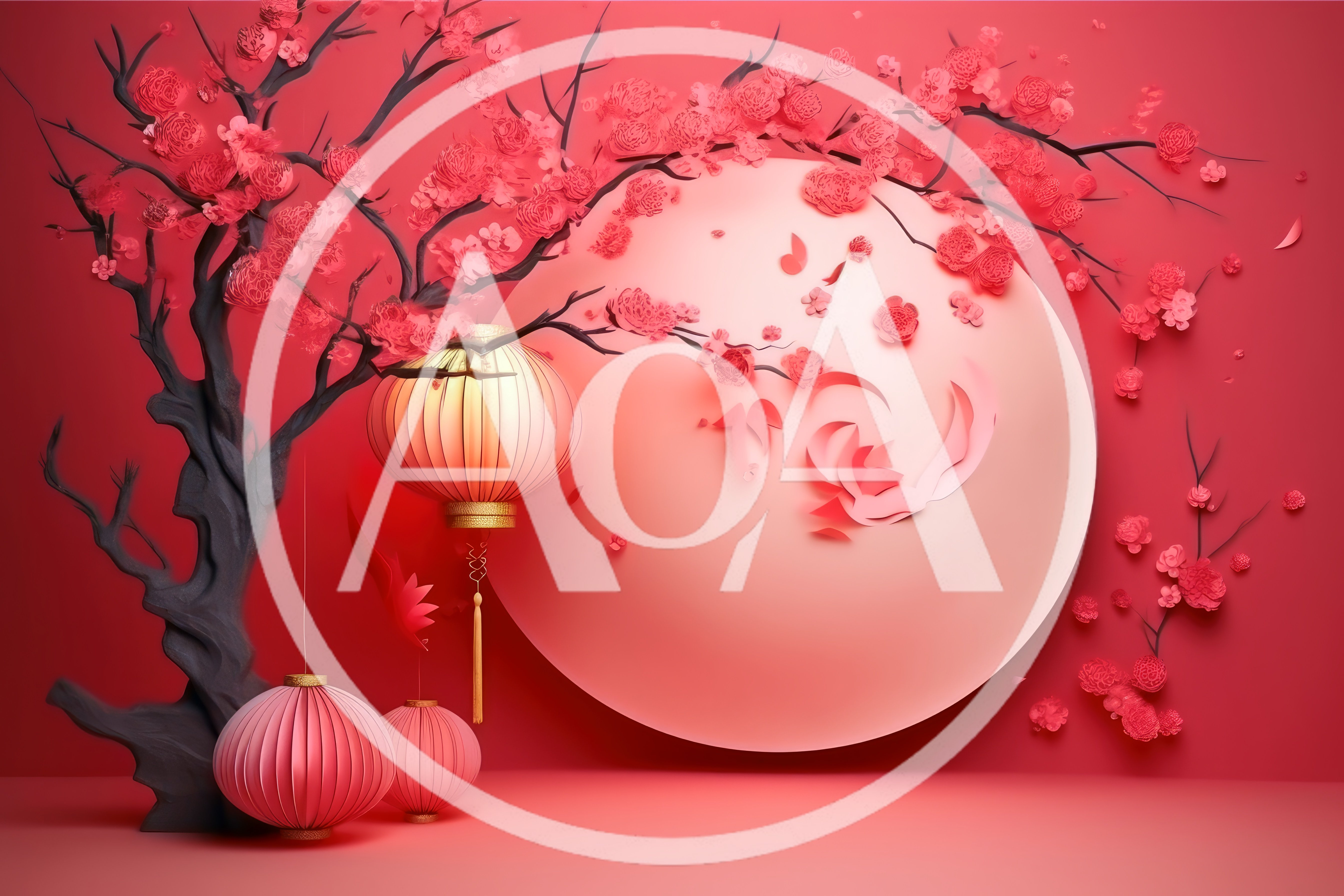 Chinese New Year Paper Cutout Tree With Lanterns