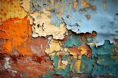Weathered Brick Wall With Peeling Multi Colored Paint