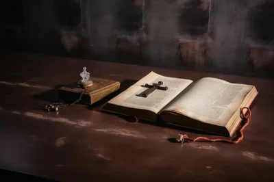 Open Bible With A Cross On A Wooden Table