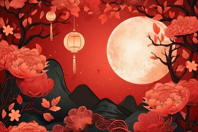 Mid Autumn Festival Illustration With Full Moon And Lanterns