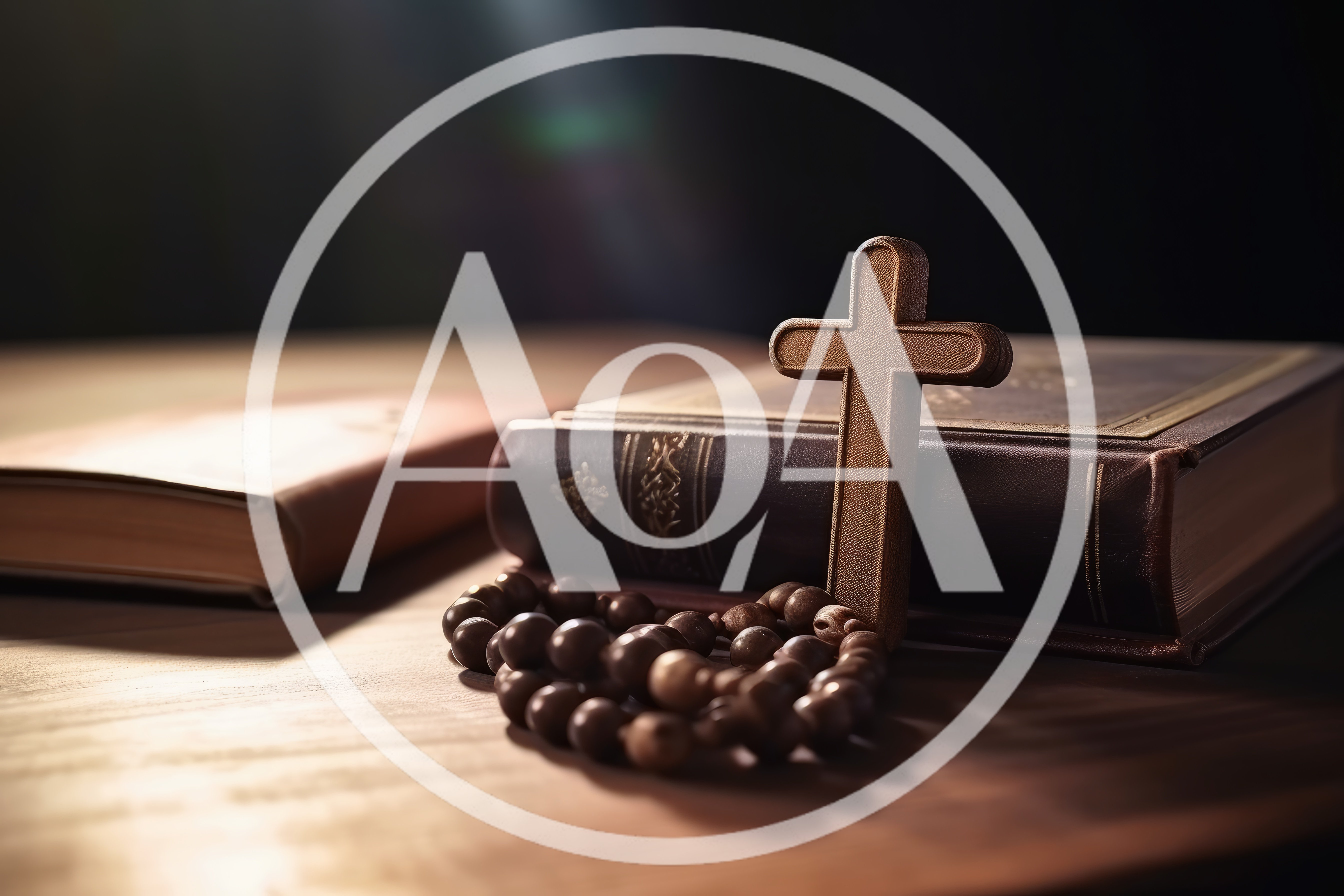 Wooden Cross And Rosary Beads Resting On Holy Bible