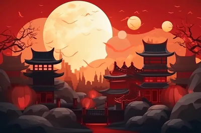 Traditional Asian Architecture Under A Red Moon