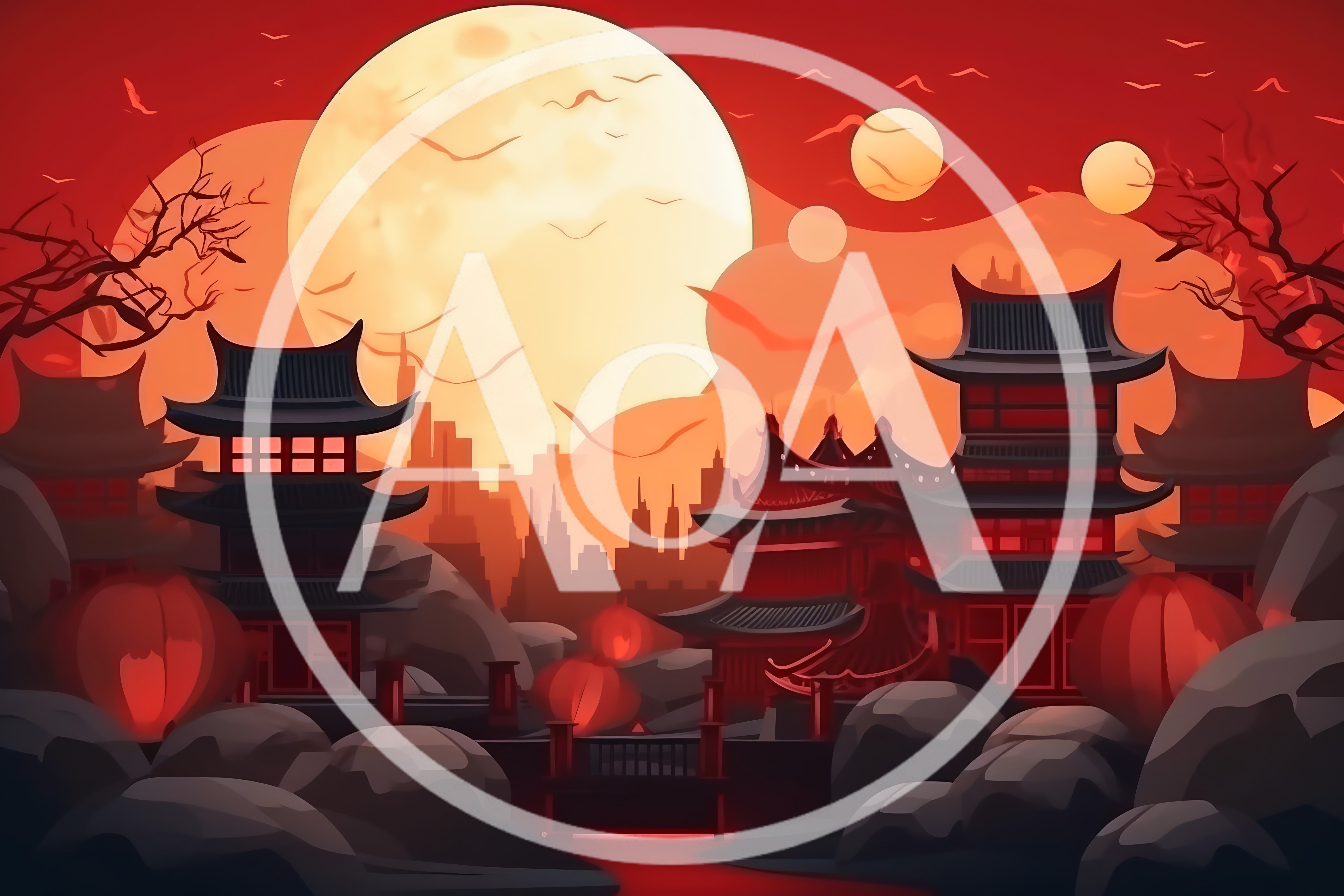 Traditional Asian Architecture Under A Red Moon