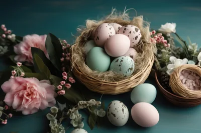 Easter Eggs In A Woven Basket With Floral Decor