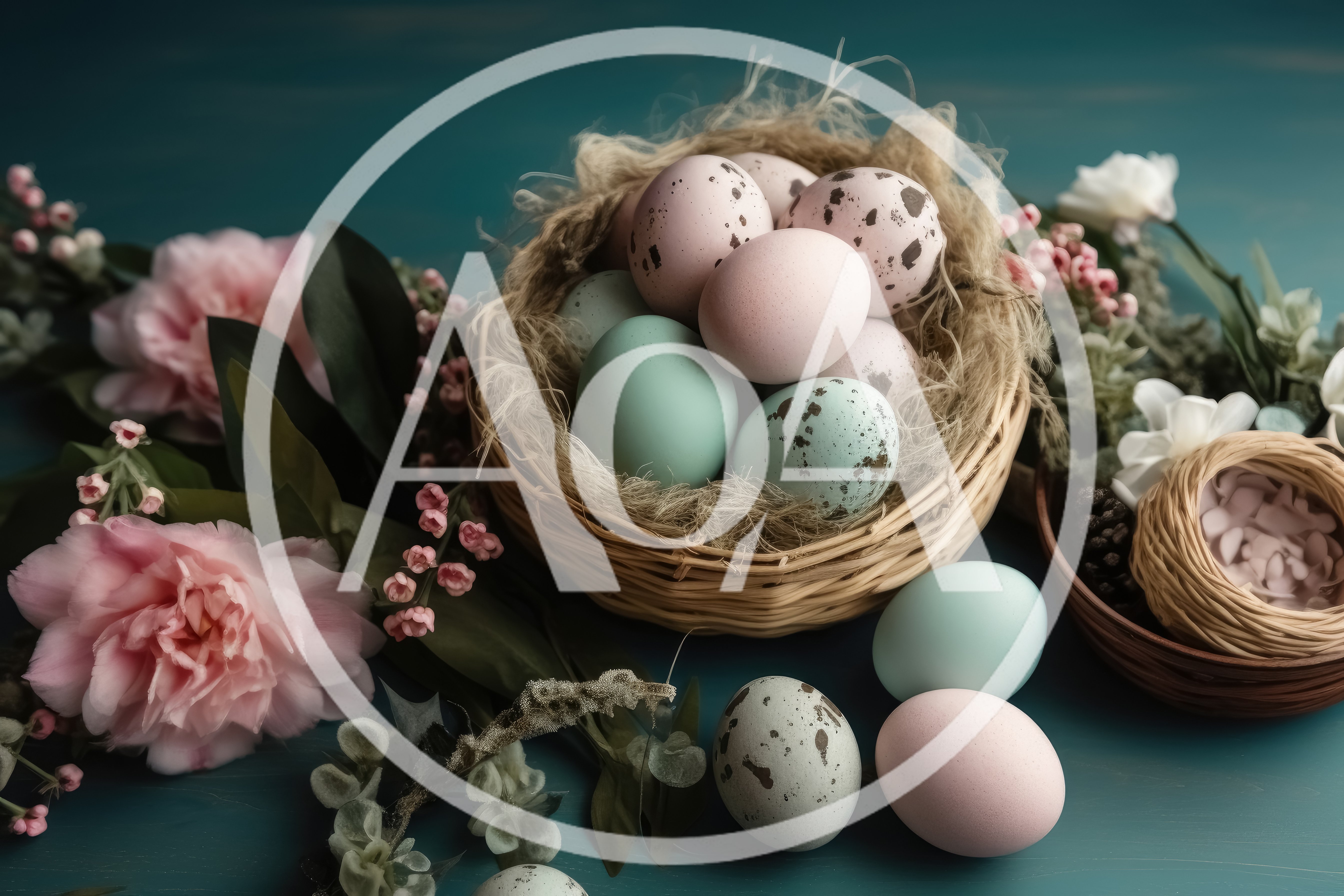 Easter Eggs In A Woven Basket With Floral Decor