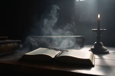 Open Book With Rising Smoke And Candlelight