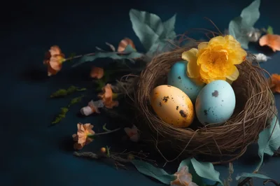 Easter Eggs In A Nest With Yellow Flowers