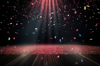 Empty Stage With Red Glitter Floor And Falling Confetti