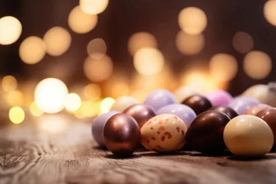 Assorted Chocolate Easter Eggs on Rustic Wooden Surface